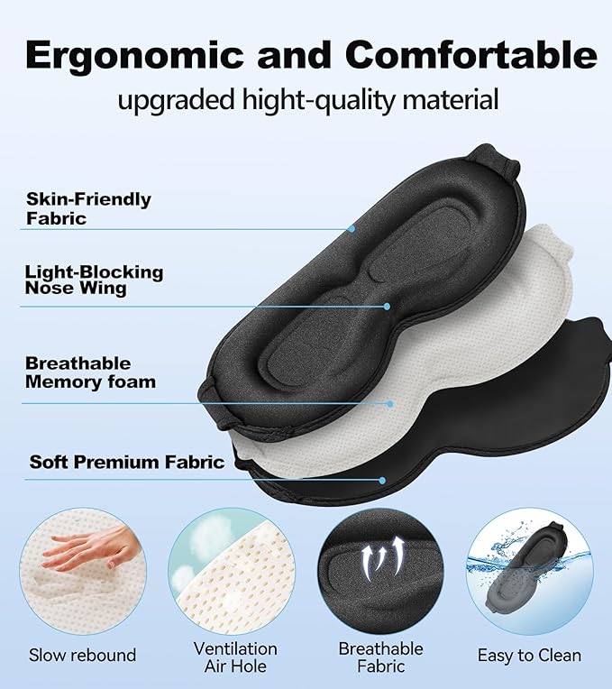 3D Contoured Sleep Mask, Light Blocking Eye Masks for Sleep, Breathable and Washable Sleeping Mask for Women Men, Adjustable Sleeping Eye Mask for Travel, Nap, Car and Office