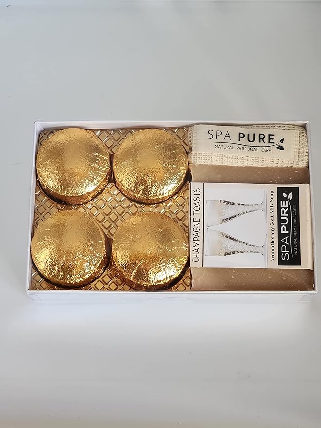 Spa Pure Aromatherapy Gift Set - Champagne Toasts Bath Melts and Artisan Soap - Made in USA with Plant Based Ingredients - Cotton Soap Bag