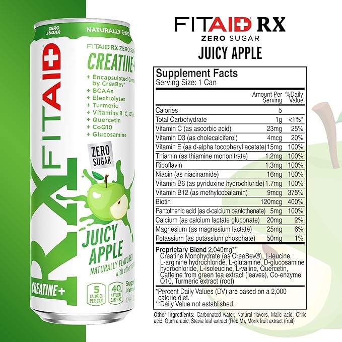 FITAID RX Zero Sugar, Encapsulated Creatine, Workout Recovery Drink, All-In-One Blend, BCAAs, Glucosamine, Turmeric, B-Complex, Electrolytes, Variety Pack, 12 Fl Oz (Pack of 12)