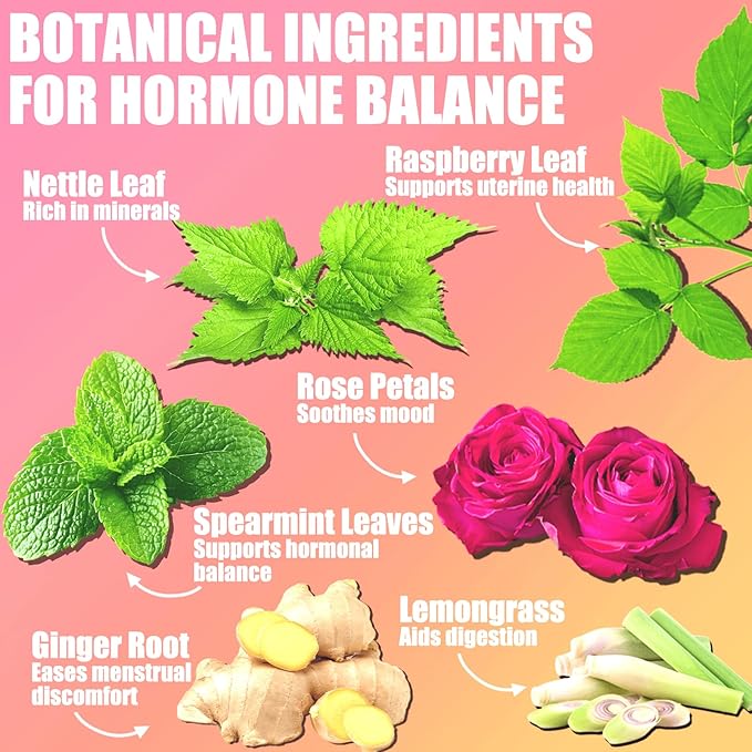 Hormone Balance Herbal Tea for Women – with Peppermint, Lemongrass, Ginger, Rose, Raspberry Leaf & Nettle for PMS & PCOS – Female Hormone Loose Leaf Tea, Caffeine-Free, Sugar-Free 30 Bags