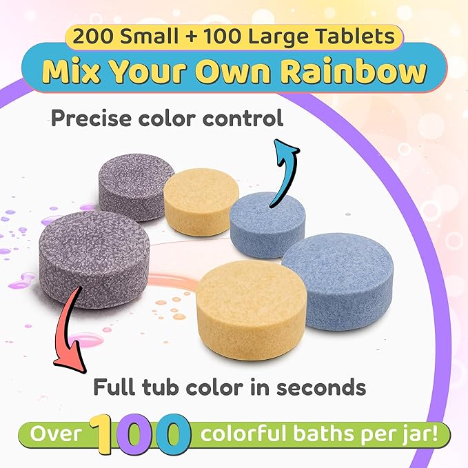 Color MyBath – Bath Color Tablets for Kids, 300 Count Jar – Color Changing, Non-Toxic, Non-Staining, Fragrance-Free – Mix Your Own Rainbow, Fun & Educational – Made in USA (1-Pack)
