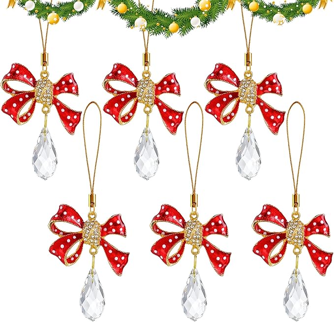 H&D HYALINE & DORA 6 Pcs Red Bow Ornaments for Christmas Tree Decorations Rhinestones Bow Crystal Suncatcher Gifts Hanging Ornaments for Home Xmas Holiday Decor