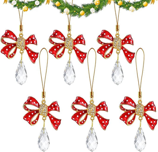 H&D HYALINE & DORA 6 Pcs Red Bow Ornaments for Christmas Tree Decorations Rhinestones Bow Crystal Suncatcher Gifts Hanging Ornaments for Home Xmas Holiday Decor