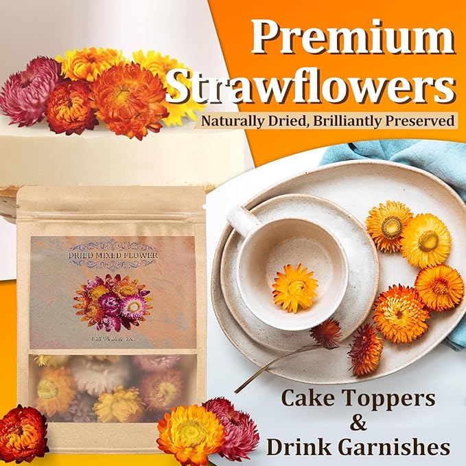 50+ Food Grade Dried Flowers for Cocktails Toppers, Colorful Strawflowers for Cake and Cupcake Decoration, 100% Natural Floral Blend for Drinks, Desserts and Tea Infusions