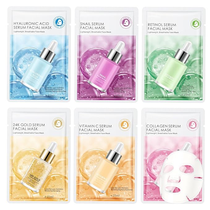 6 Pack Serum Sheet Masks,Facial Masks Skincare for Women,Hydrating & Moisturizing Face Masks for All Skin Types,Smooth,Nourishing,Lightweight