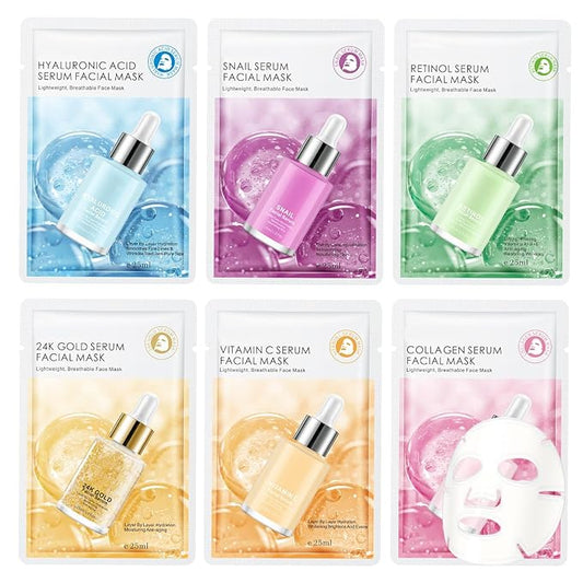6 Pack Serum Sheet Masks,Facial Masks Skincare for Women,Hydrating & Moisturizing Face Masks for All Skin Types,Smooth,Nourishing,Lightweight