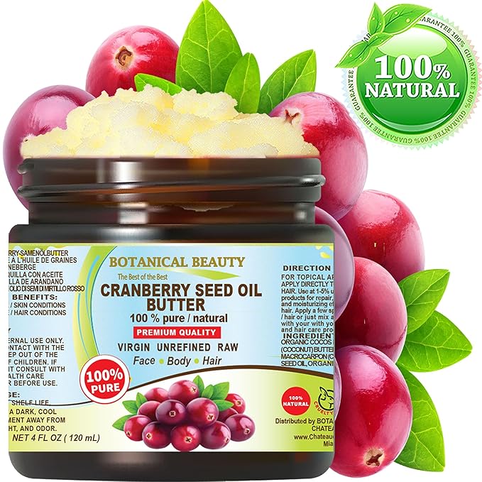 Botanical Beauty CRANBERRY SEED OIL BUTTER 100% Natural, Pure RAW VIRGIN UNREFINED Cold-Pressed for Face, Skin, Body, Hair, Lip, Nails. Rich in Vitamin C, Omega 3, Omega 6, omega-9 (4 Fl Oz)