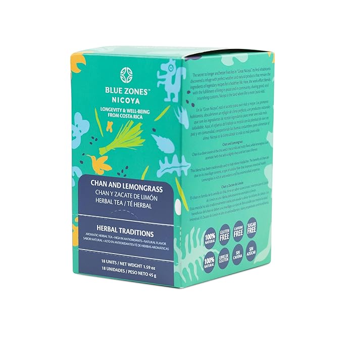 Blue Zones Nicoya - Chan & Lemon Grass Flavored Tea Bags - 100% Natural, Organic, and Refreshing - High Micronutrients - Gluten, Caffeine, Sugar-Free - Pack of 18 (1.59 oz/ 45 g)