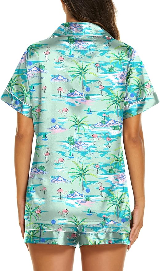 Ekouaer Silk Pajamas for Women Short Sleeve Sleepwear Soft Button Down Loungewear 2 Piece Satin Pjs Shorts Set S-XXL