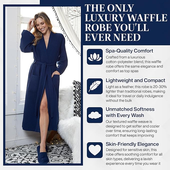 Lotus Linen Waffle Robes for Women - Lightweight Cotton Kimono Bathrobe - Long Soft Spa Bath Robe
