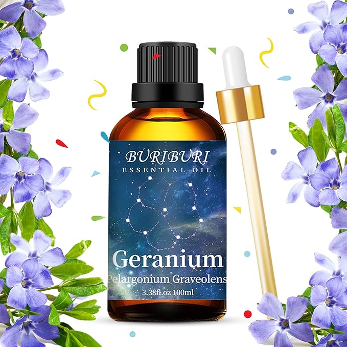 BURIBURI 100ML Geranium Essential Oil, 100% Pure Undiluted Aromatherapy Geranium Oil 3.38fl.oz for Soap, Candle Making, Massage, Diffuser, Humidifier