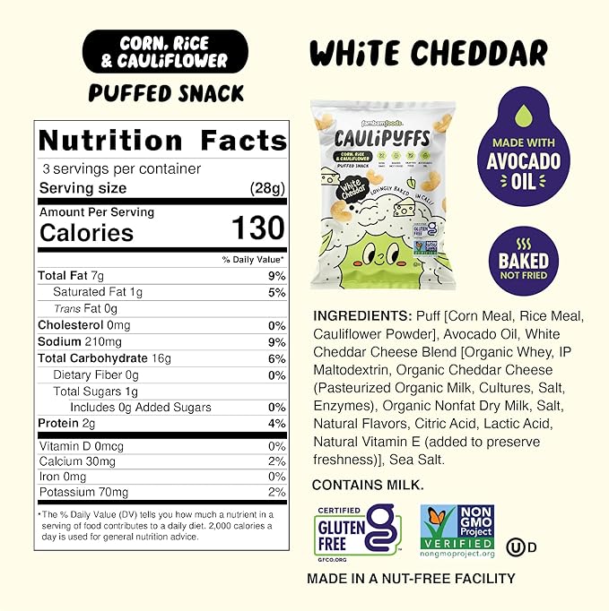CauliPuffs - Corn, Rice, and Cauliflower Gluten Free Puffed Snack (5 x 3.0oz Bags, White Cheddar)