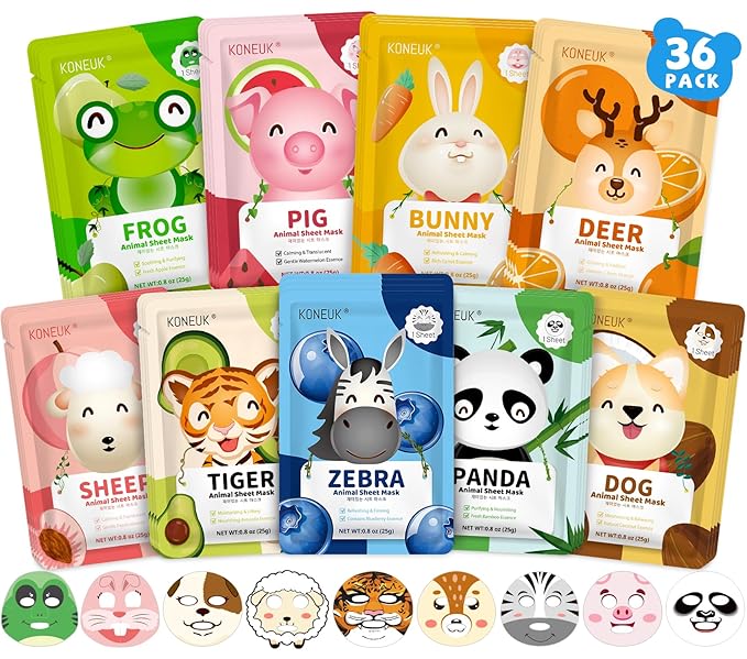36 Pack Cute Animal Kids Face Mask, Sheet Collagen Moisturizing Face Mask for Girls Teens, Stocking Stuffers for Wome, Bulk Spa Party Gifts and Birthday Gifts