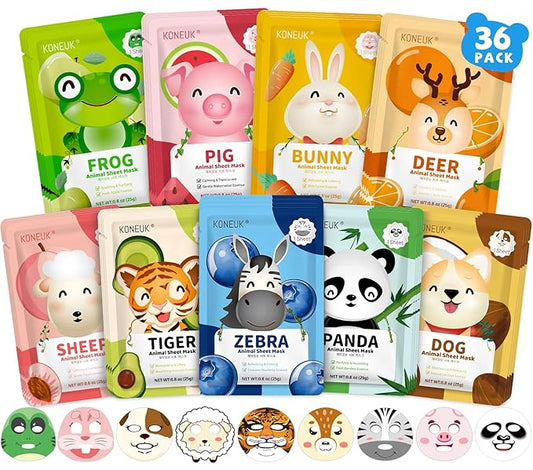 36 Pack Cute Animal Kids Face Mask, Sheet Collagen Moisturizing Face Mask for Girls Teens, Stocking Stuffers for Wome, Bulk Spa Party Gifts and Birthday Gifts