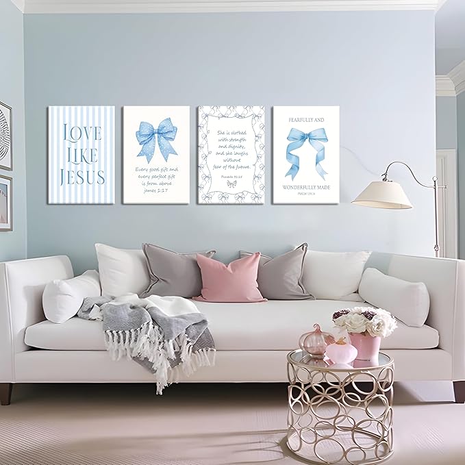 Light Blue Bow Christian Wall Art for Girls Dorm – Coquette Aesthetic Scripture Canvas Prints, Christian Wall Decor for Teen Room, or Bathroom – Framed Cute Spiritual Decor 16x24 inch