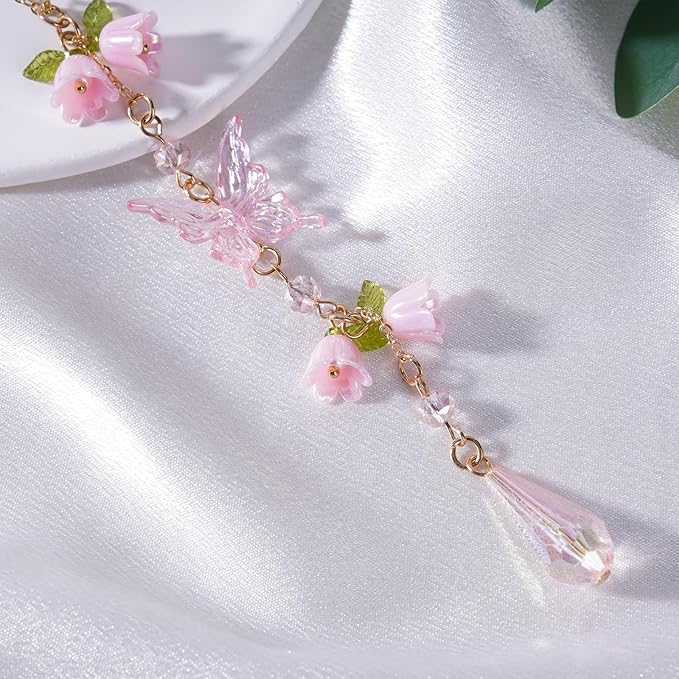 Butterfly Crystal Car Rearview Mirror Charm - Pink Lily of The Valley Flower Beaded Pendant, Elegant Hanging Cars Interior Decor Ornament & Accessories, for Women
