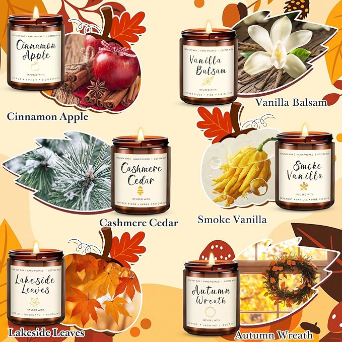 6 Pack Fall Scented Candles for Home, Candles Gifts Sets for Women Men Birthday Thanksgiving Day Merry Christmas, 7.1Oz Large Jar | Long Lasting Soy Wax Candleswith Cinnamon Apple, Smoke Vanilla