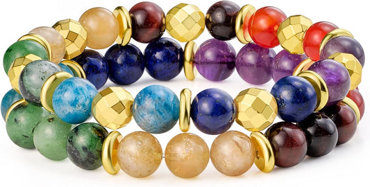Bivei Natural Gemstone Semi Precious Healing Crystals Handmade Stretchy Round Beads Bracelet, Enhance Positive Energy