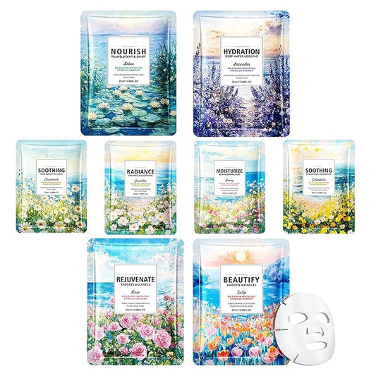 8PCS Hydrating Facial Sheet Mask,Moisturizing Face Masks Skincare Gift Set,Long Lasting Face Mask Skin Care & Facial Mask Kit for All Skin Types 22