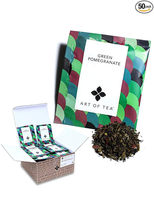 Art of Tea | Organic Green Pomegranate Tea| 50 Eco Friendly Pyramid Tea Bag Sachets
