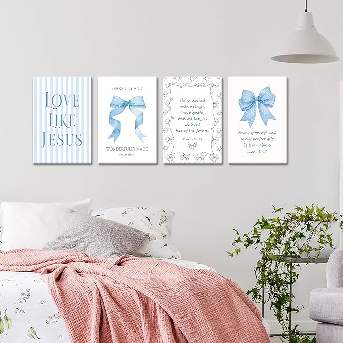 Light Blue Bow Christian Wall Art for Girls Dorm – Coquette Aesthetic Scripture Canvas Prints, Christian Wall Decor for Teen Room, or Bathroom – Framed Cute Spiritual Decor 12x16 inch