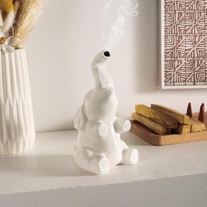 Potiera Small Cute Elephant Incense Holder, Handmade Ceramic Palo Santo and Cone Incense Burner for Meditation Home Decor, Mother's Day Elephant Gifts for Women, Christmas Birthday Gift for Mom Dad
