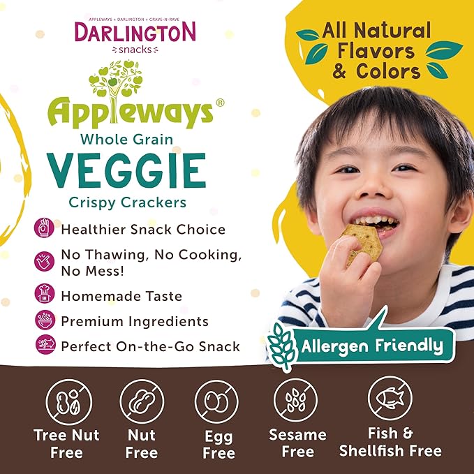 Appleways Veggie Crispy Crackers, Healthy All-Natural Vegetable Whole Grain Snack Crackers, Individually Wrapped in 4 Packs (20 oz Each), Bulk Kosher Wheat Snack, Kid-Friendly, Made in USA