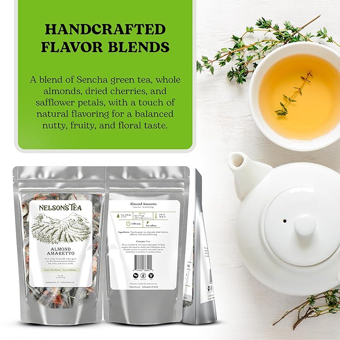 Nelson's Tea Almond Amaretto - Herbal Green Loose Leaf Tea, Curated Blend with Sencha Green Tea, almonds, Dried Cherries, and Safflower - Perfect for Bedtime Brew (16 oz)