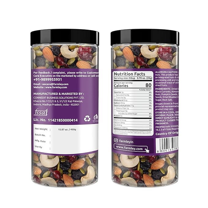 Farmley Trail Mix | Superfood | Mixed Seeds, Nuts and Berries | 7-in-1 Mix | Cranberries, Almonds, Cashews, Pumpkin Seeds, Sunflower Seeds, Blueberries, Blackcurrents | 15.87 Oz