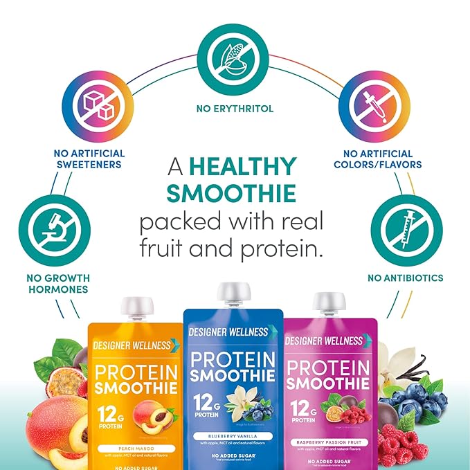 Designer Wellness Protein Smoothie, Real Fruit, 12g Protein, Low Carb, Zero Added Sugar, Gluten-Free, Non-GMO, No Artificial Colors or Flavors, Super Fruits Variety Pack, 12 Count