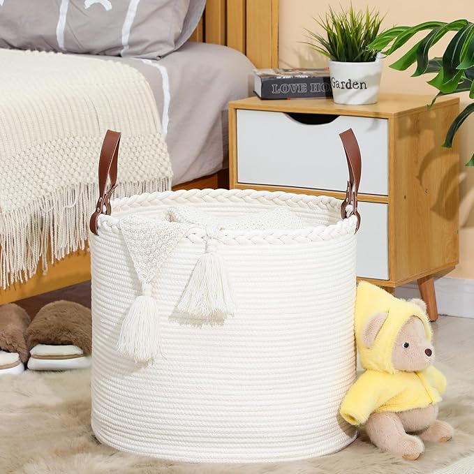 KAKAMAY Large Blanket Basket (18"x16"),Woven Baby Laundry Hamper,Cotton Rope Blanket Basket for Nursery, Laundry, Living Room, Pillows, Baby Toy chest with Leather Handles (White)