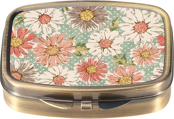 Dynippy Pill Case Pill Box with Mirror Retro Pocket 2 Compartment Medicine Case Vitamin Pill Organizer for Pocket Purse and Travel (A-Retro Flower)
