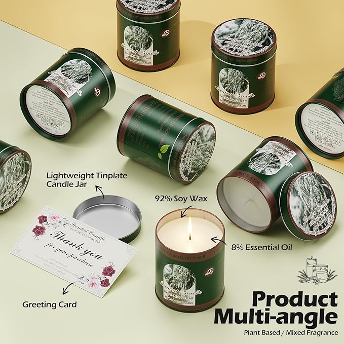 Balsam & Cedar Scented Candle Set | 2 Pack 510g 8% Essential Oils Long-Lasting 60H Burn | Pure Soy Wax Clean-Burning Smoke-Free | Aromatherapy Tin Jar Candles | Colorful Packaging Gift for Men&Women