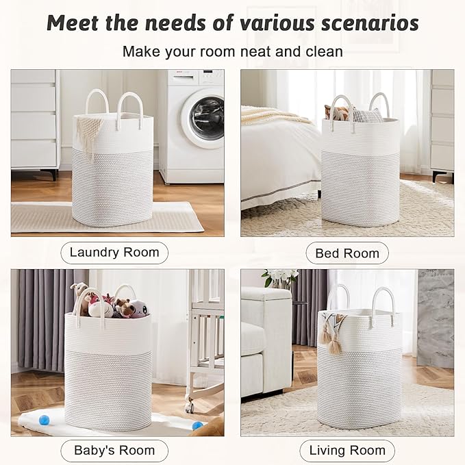 Laundry Basket,Woven Cotton Rope Laundry Hamper,Versatile Storage for Dirty Clothes,Baby Toys,and Blankets in Bathroom, Nursery,and Living Room (White, 100L)