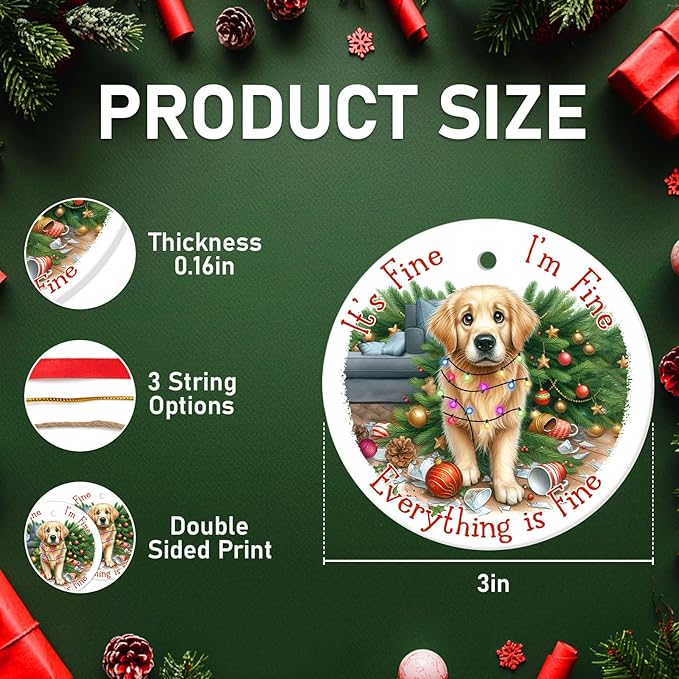 34HD 2.9"" Lightweight Ceramic Ornament for Christmas Tree, Both Sides Printed Flat Hanging Ornament, Gifts for Christmas, Christmas Decoration - Golden Retriever