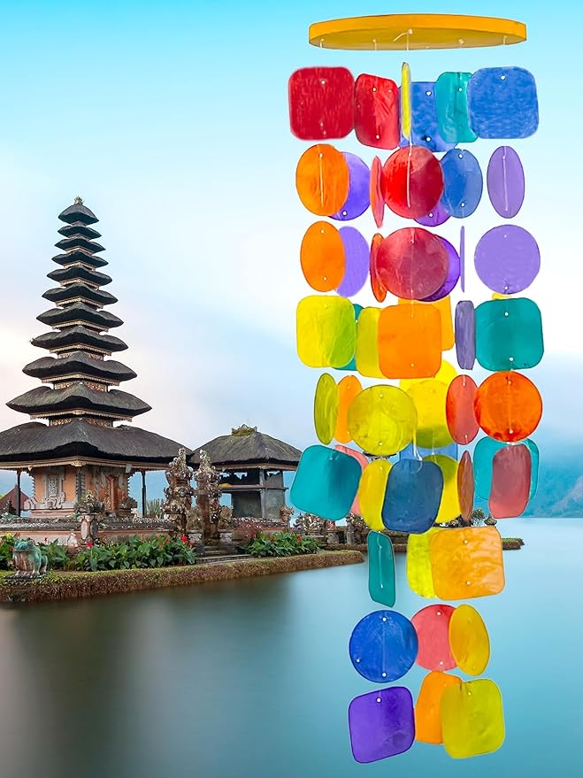Bellaa 22890 Wind Chimes Outside, Garden Decorations, Musical, Chime, Outdoor Windchimes, Rainbow, Beach, Ocean, Breeze, Gifts for Mom, Gift for All Occasions, Capiz Sea Glass Shells Wood