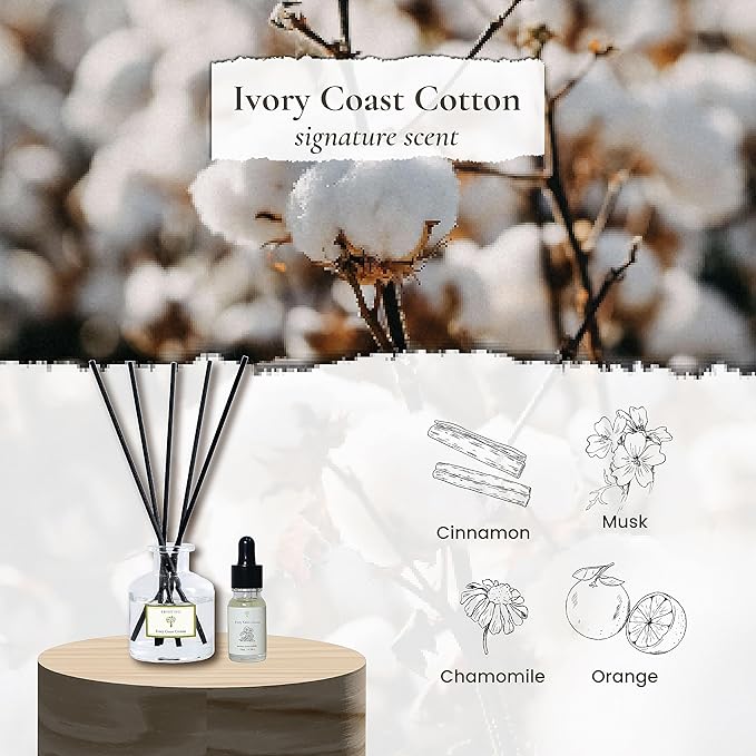 PRISTINE Ivory Coast Cotton/Inspired by Hyatt Hotel Scent Reed Diffuser for Home | Fresh Clean Sheet/Light Chamomile Reed Diffusers, Oil & Room Diffusers with Reed | Home Fragrance Scent Diffuser
