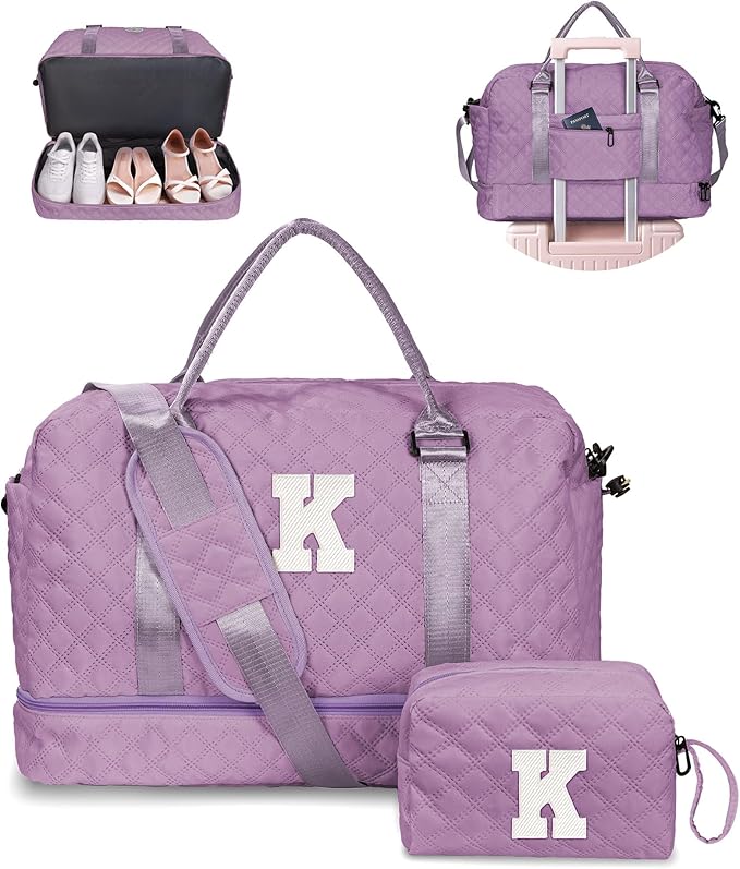 Girl Duffle Bag with Shoe Compartment, Tween Weekend Duffle Bag, Monogram Overnight Bag for Women with Trolley Sleeve & Wet Pocket, Letter Kids Travel Bag with Makeup Bag (Letter K)