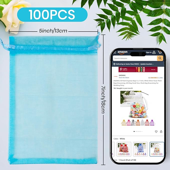 ANZNKU 100 Pack Organza Bags 5x7 Inch, Mesh Bag Drawstring Mesh Gift Bags Packaging Bag for Baby Shower, Party Favors(Lake Blue)