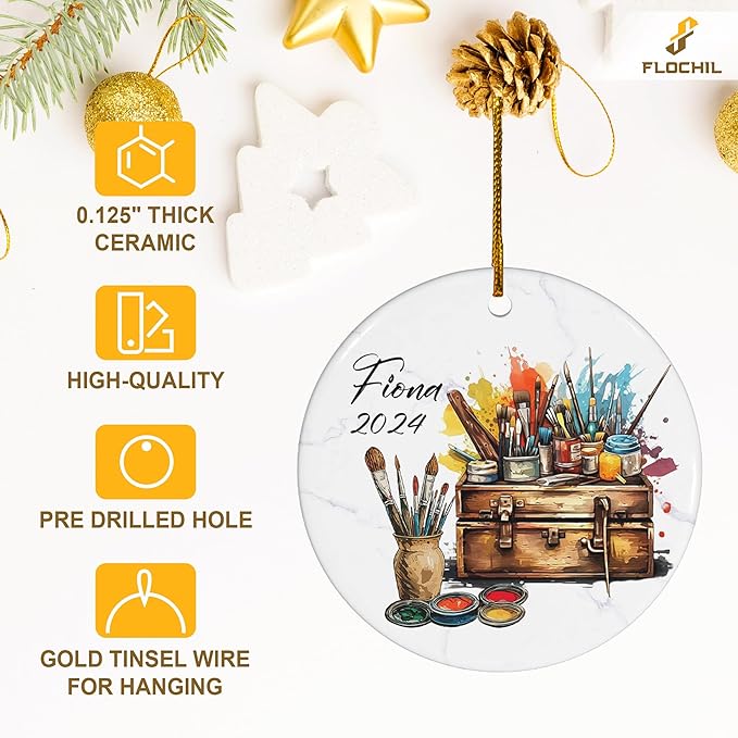 FLOCHIL Personalized Artist Ornaments for Christmas Tree, Custom Artist Palette Christmas Ornament with Name, Drawing Ornaments for Christmas Tree, Gifts for Girls, Christmas