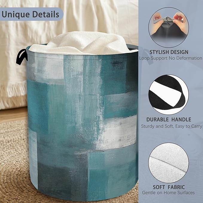Blue Gray Modern Laundry Basket,Art Foldable with Handles Tote Bag Oxford Cloth for Bathroom Bedroom Dirty Clothes Storage Bucket 16" x 20.8"