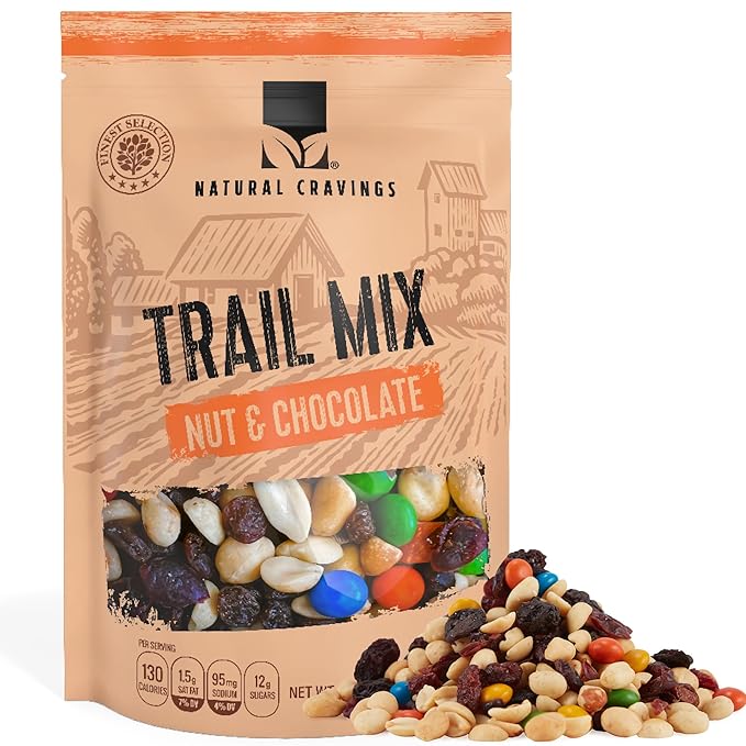 Natural Cravings 24oz Trail Mix Bulk Family Size Bag - Nuts & Chocolate Dried Fruit Mix & Nuts Mix with Peanuts, Dried Cranberries, Raisins, Chocolate Gems - Gourmet Trailmix for School or Office