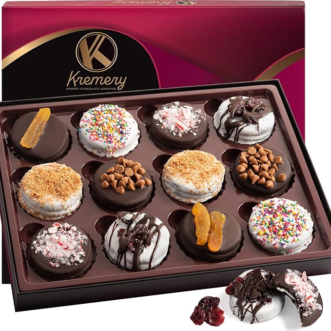 KREMERY Creamy Chocolate Cravings - Diwali Sweets Hamper Chocolate Covered Sandwich Cookies & Cream Gift Basket, in Elegant Gift Box (12 Cookies, Assorted Sweet Toppings)