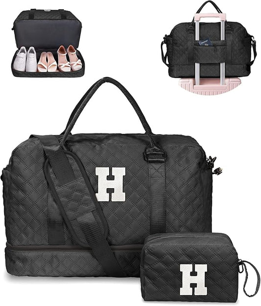 Gifts for Teen-Girls-Initial Duffle Bag with Shoe Compartment, Personalized Weekender Bag, Monogram Overnight Bag, Travel Bag with Makeup Bag，Birthday Gift Graduate Gifts for Her (Letter H)