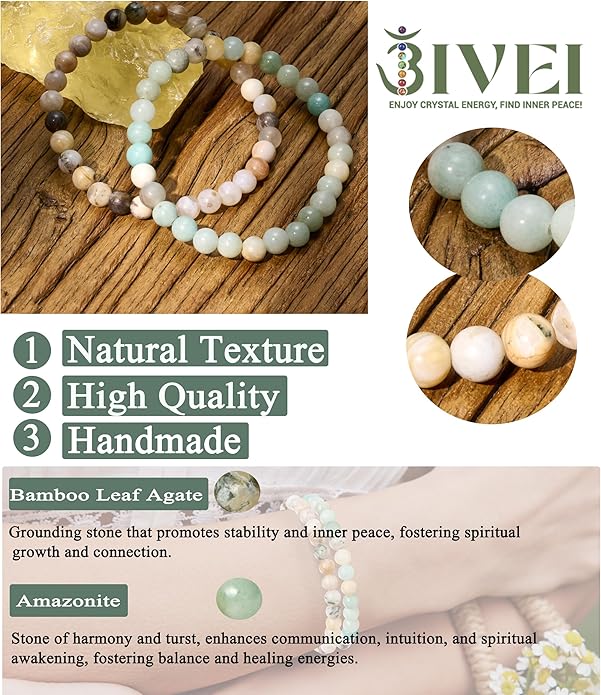 Bivei Natural Gemstone Semi Precious Healing Crystals Handmade Stretchy Round Beads Bracelet, Enhance Positive Energy