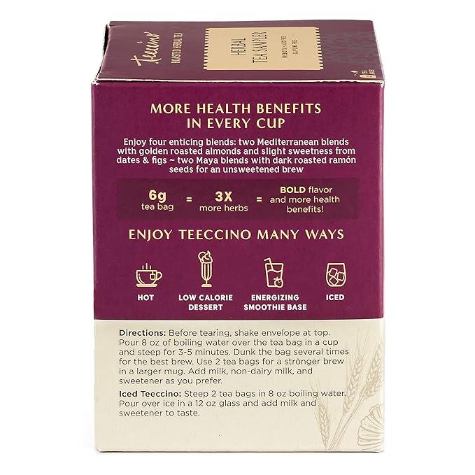 Teeccino Herbal Tea Sampler Assortment - 12 Tea Bags - Maca Chocolaté, French Roast, Hazelnut, Vanilla Nut - Roasted Caffeine Free Herbal Tea, Prebiotic for Natural Energy