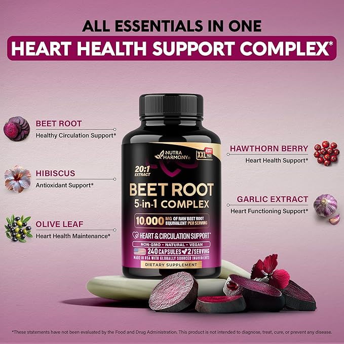Beet Root Capsules - Healthy Blood Pressure Support Supplement** for Heart & Circulation Support - with Hawthorn Berry, Hibiscus & Garlic - Nitric Oxide for Energy - Made in USA, 240 Capsules