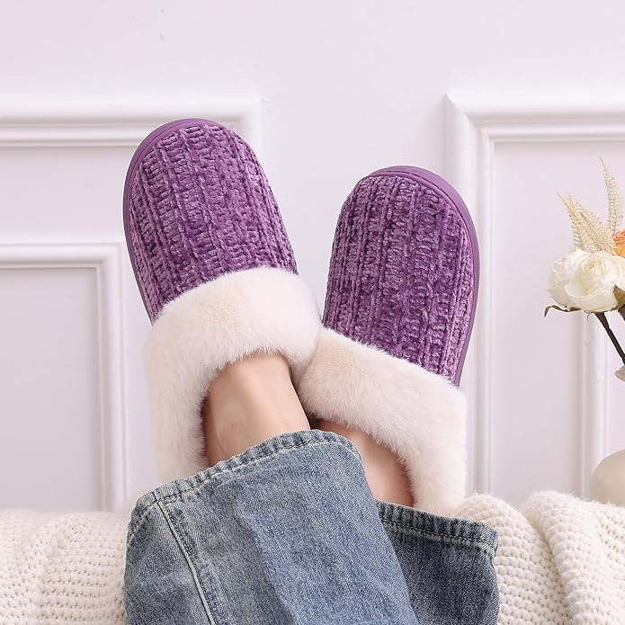Evshine Warm Knit House Slippers for Women Comfy Wool-Like Lined Chenille Slippers with Memory Foam and Indoor Outdoor Soles