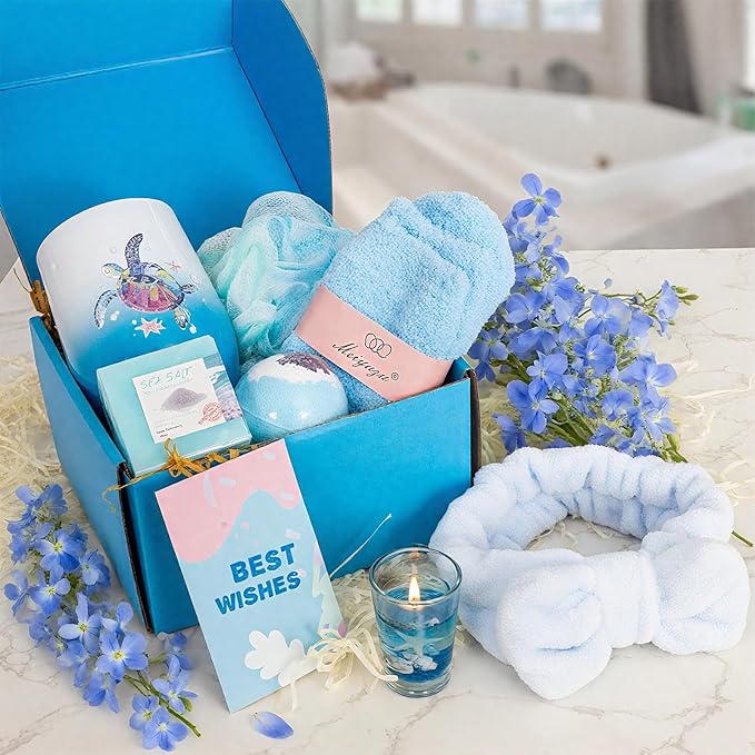 Ocean Gifts Self Care Package for Women, Ocean Spa Gifts for Sea Turtle Lovers, Coastal Beach Theme Relaxing Spa Bath Basket for Her Sister Friends Mom Thinking of You Birthday Christmas