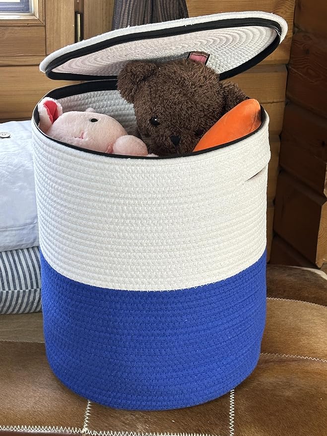 Cotton rope Storage Basket with Lid-Durable Woven Organizer with handles, Woven baskets, Multi-Purpose Storage Basket for Living Room,Closet or office(14x13 inches) (Blue+White)